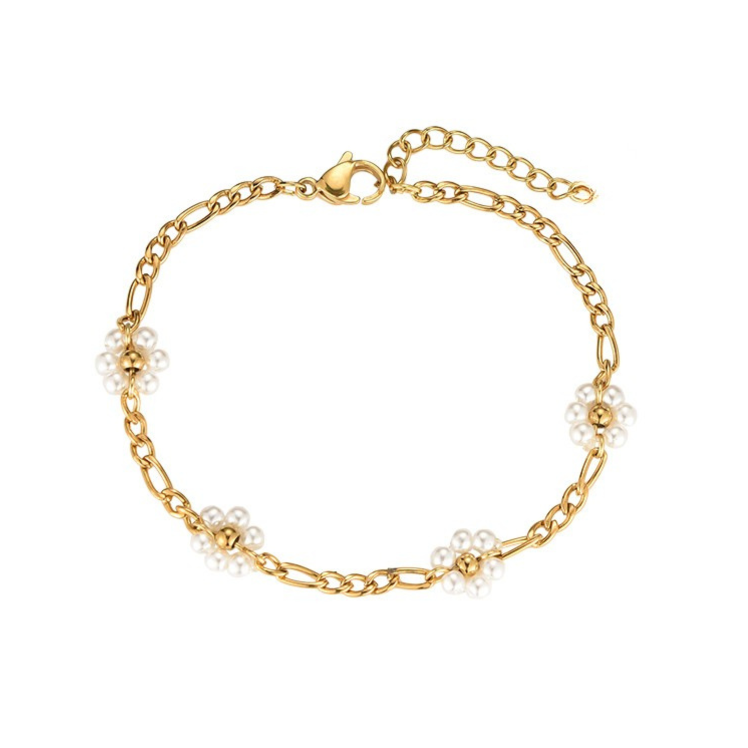 Camilla Armband in gold mit feiner Gliederkette und kleinen Blumen aus weissen Kunststoffperlen.
