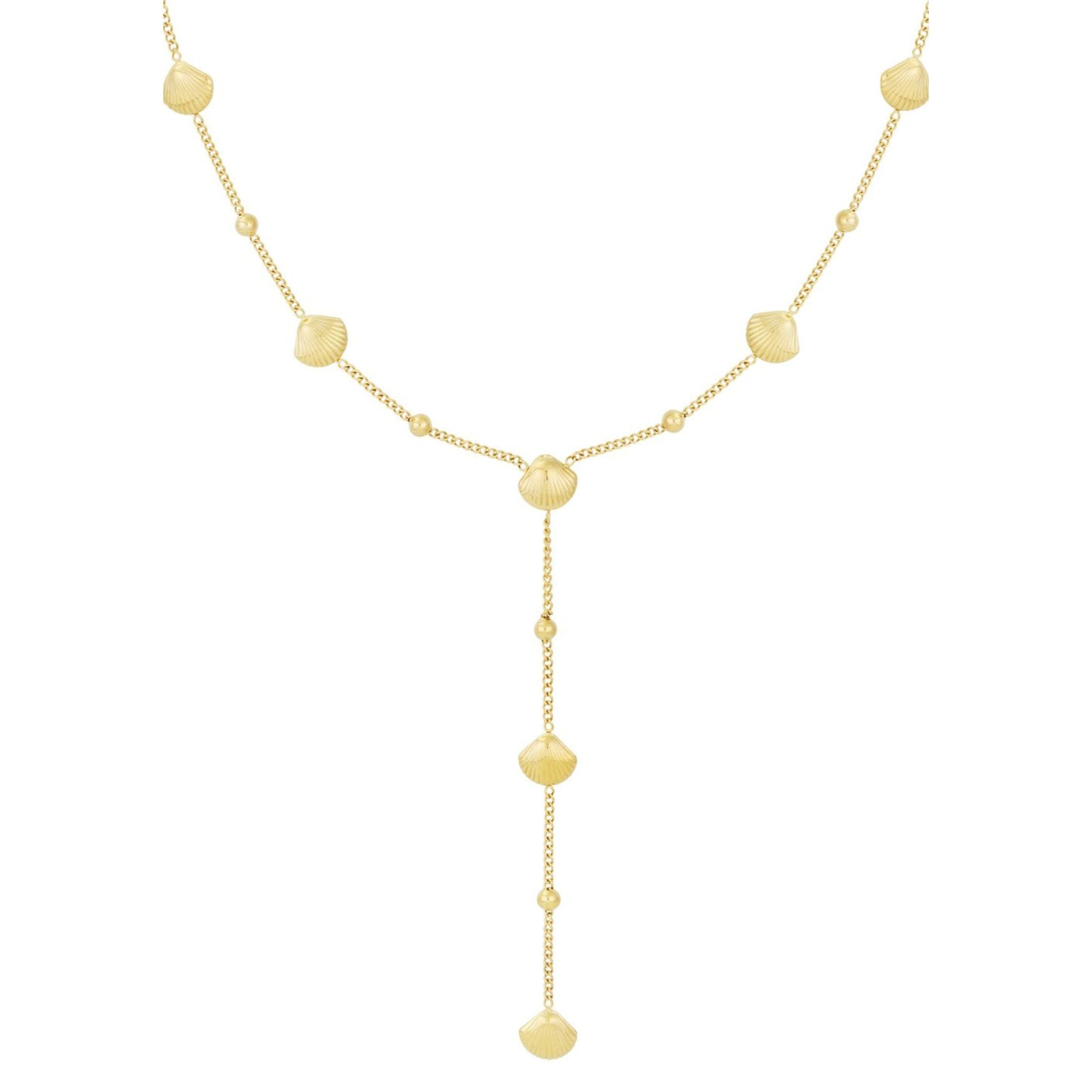 Merida Halskette in gold, Kette in Y-Form mit kleinen Kugeln und Muscheln aus Edelstahl.