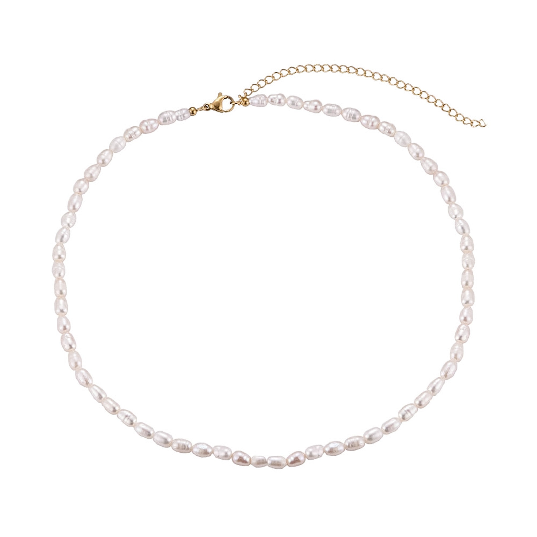 Pearl Halskette mit einer Kette aus weissen Süsswasserperlen und goldenem Verschluss.