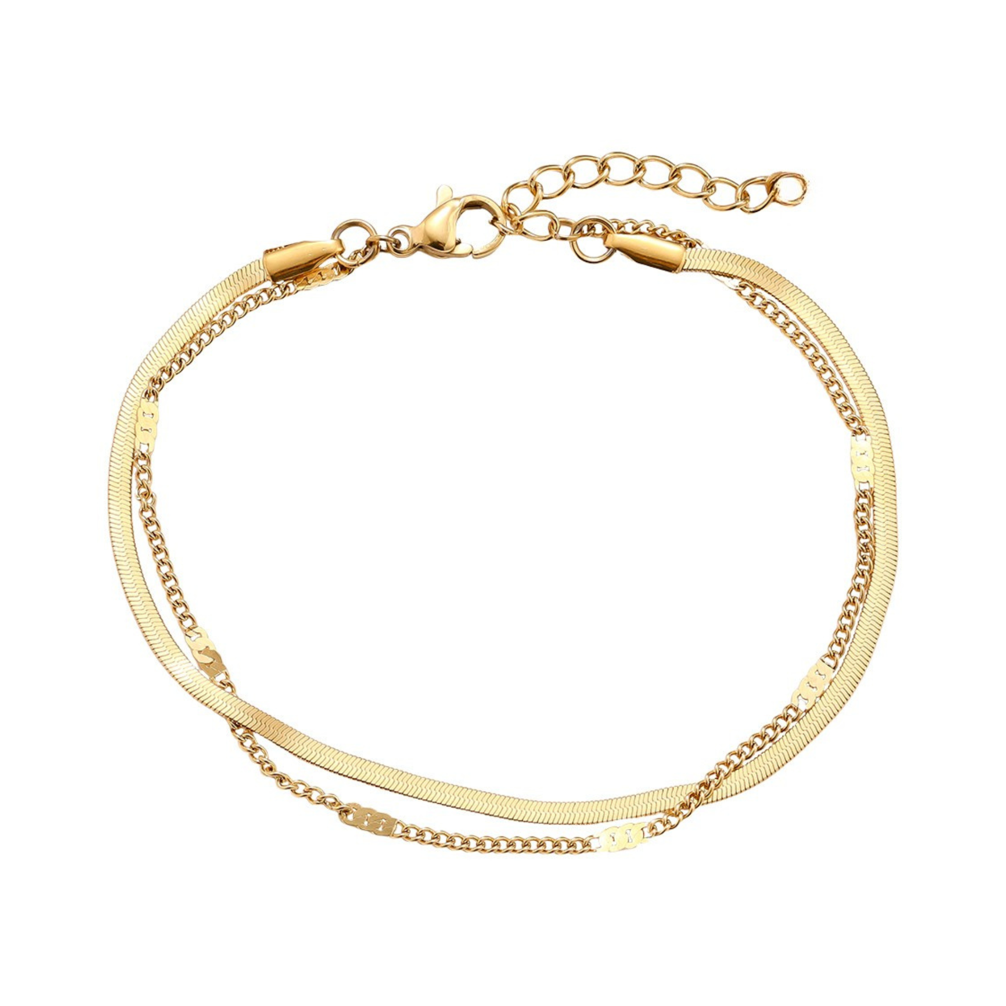 Yara Armband in gold bestehend aus zwei filigranen Ketten - einer Schlangen- und einer Gliederkette.